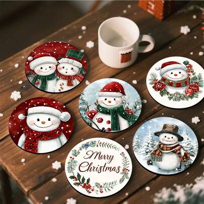 1套/4件/6件/300件雪人印花硅藻泥杯垫，适用于家庭、咖啡店、下午茶、餐厅装饰、主题派对、日常装饰，也可作为圣诞礼物