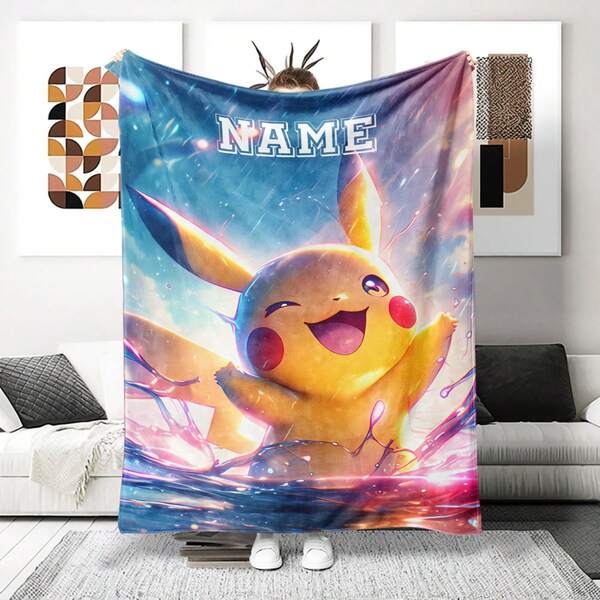 Personalisierter Pikachu, individueller Name Digimon Adventure Muster Flanelldecke, weich & bequem, kreatives thematisches Muster Begleiter, vielseitige Überwurf- und Kniedecke, perfektes Geschenk für Freunde, Geburtstag