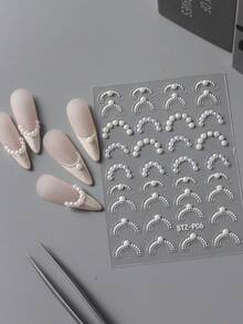 1pc Stickers For Nails With High Gloss Pearl Jewelry French Line Decoration Art Slider Holographic Self-Adhesive Tips Decals DIY Manicure Accessories Supplies - White - View 4
