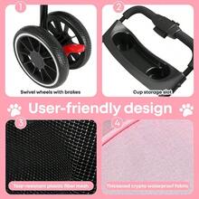 Pet StrollerDog Stroller For Small Medium Dogs Cats 3 Wheels Foldable With Breathable Mesh Canopy Cup Holders Easy Assembly Pink
