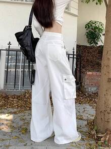 Pantalones largos de trabajo blancos de diseño industrial para mujer, de cintura alta, corte recto, ajustados, holgados y con pernera ancha. - Blanco - Ver 4