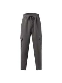 Pantalón casual de hombre estilo Y2K, pierna recta holgada con múltiples bolsillos, cintura con cordón y bolsillos con solapa a ambos lados - Gris - Ver 4