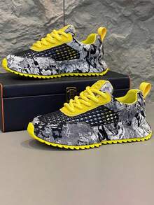 轻便透气网眼时尚百搭厚底休闲运动鞋，适合男士，四季皆宜 - 黑色 - 查看 1