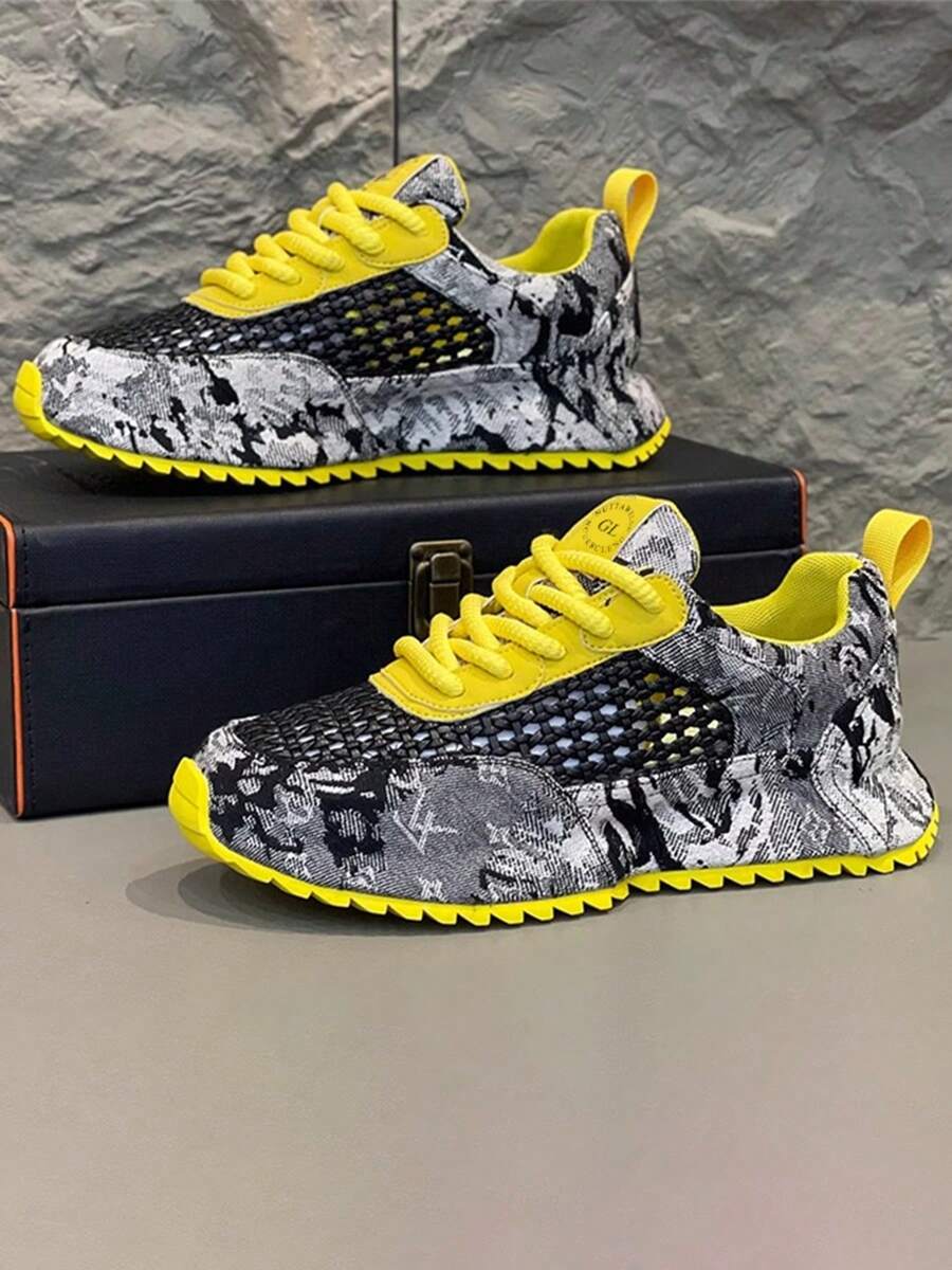 轻便透气网眼时尚百搭厚底休闲运动鞋，适合男士，四季皆宜 - 黑色 - 查看 1