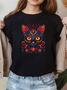 Sugar. Skull Moon Cat Mexican Day Of Dead Dia De Los Muertos Women Graphic T-Shirt Cotton Print Short Sleeve Casual Top, Summer Tee Womens Tops - 黑色8 - 查看 1
