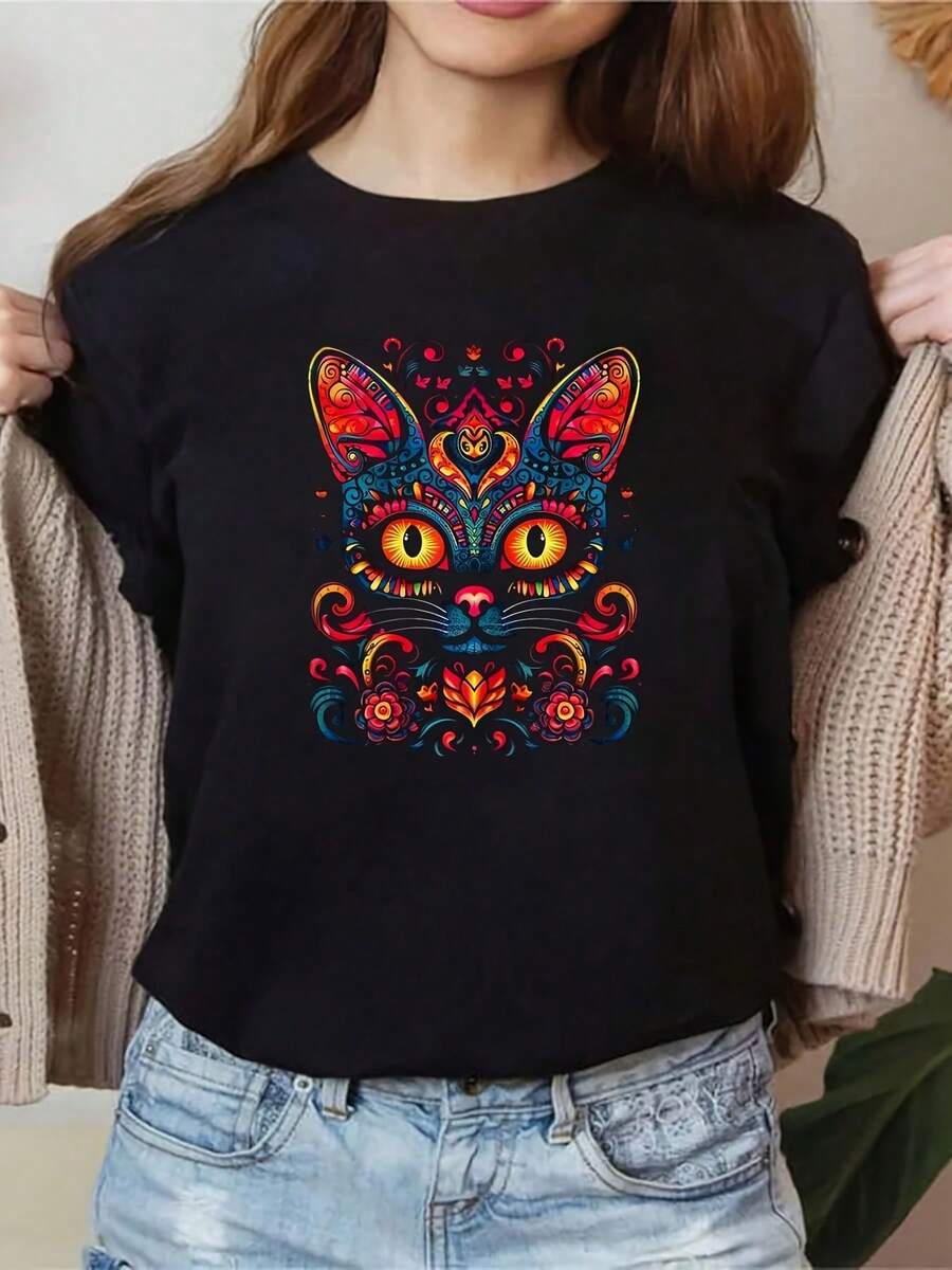 Sugar. Skull Moon Cat Mexican Day Of Dead Dia De Los Muertos Women Graphic T-Shirt Cotton Print Short Sleeve Casual Top, Summer Tee Womens Tops - 黑色8 - 查看 1