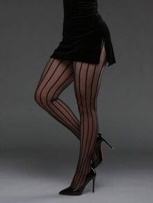 1pc Vertical Striped High Elasticity Fishnet Leggings, Sexy Tight Stockings Gothic Punk Fashion - Black 2 - 查看 1