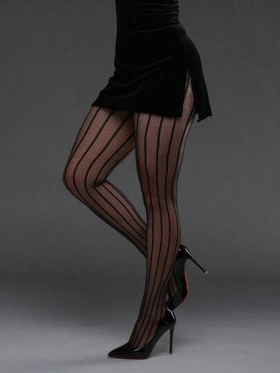 1pc Vertical Striped High Elasticity Fishnet Leggings, Sexy Tight Stockings Gothic Punk Fashion PFUK