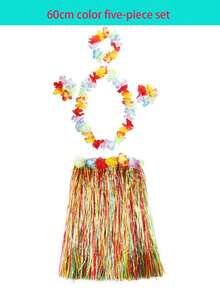 Conjunto de 5 piezas de disfraz de falda de hierba con corona de flores hawaianas, traje para celebración de festival, actuación en el escenario, evento escolar, ensayo de baile en grupo grande (cintura ajustable) Halloween