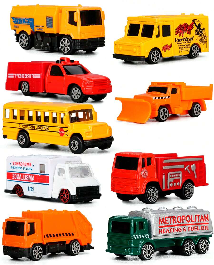 Burago Transporter Series Die Cast Vehicles 9 Pack Alloy Vehicle Set Simulation Car Model Toys School Bus Ambulance Transport Vehicle Fire Truck Ornaments Collection Toy For Boy