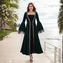 Elegant Medieval Tea Party Dress For Women, Victorian Era Velvet Gown With Puff Sleeves, High Waist Long Dress With Belt & Gloves - 綠色(連帽) - 查看 7