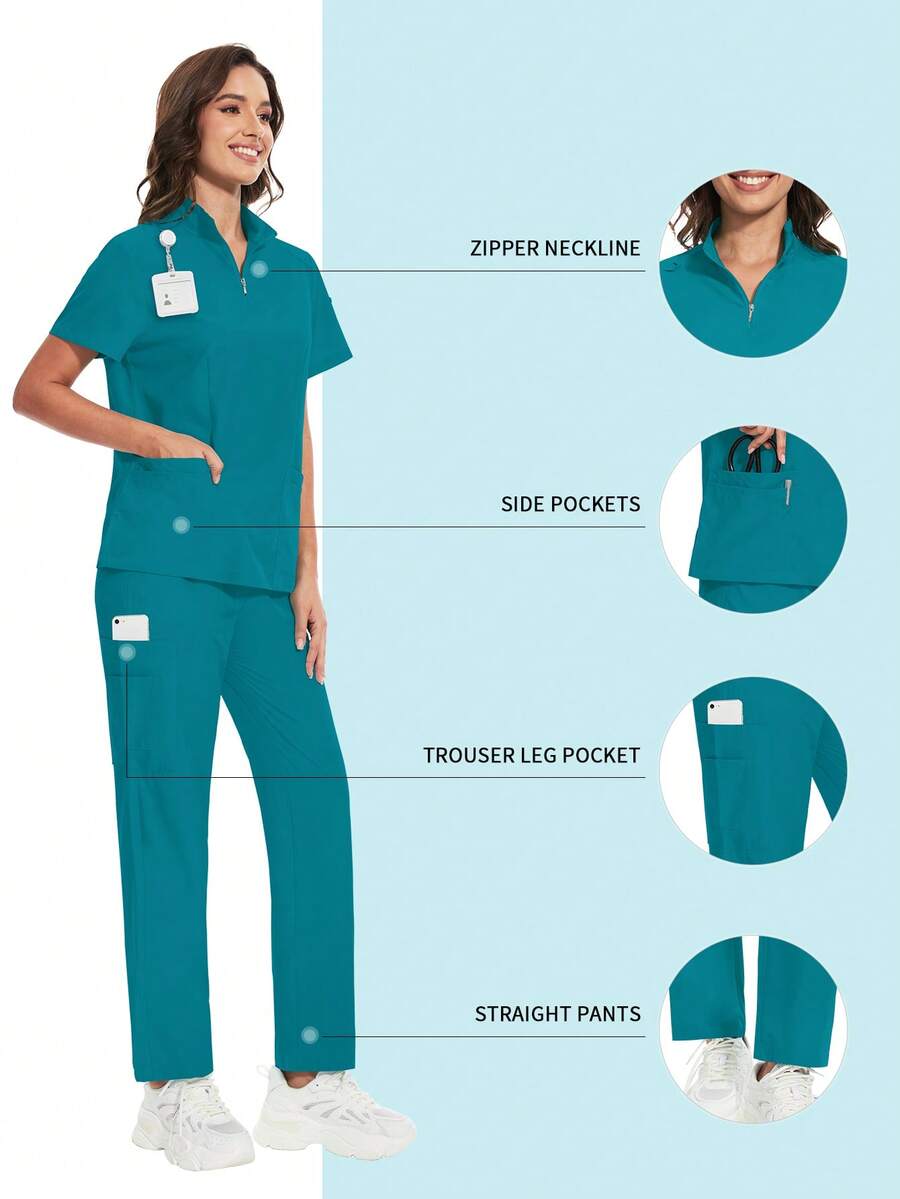 外科手术服 女护士服 上衣 裤装套装 手术服 临床手术服 美容院 水疗中心 医院 工作服 春季套装 - 湖藍色 - 查看 1