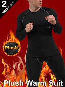 Conjunto de ropa interior térmica para hombres, camiseta de cuello redondo de manga larga y pantalones, capa base cálida, unicolor, gruesa, ajuste ceñido, ropa deportiva, adecuada para clima frío, actividades al aire libre, esquí, invierno - Negro - Ver 5