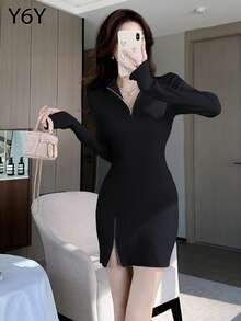 [Y6Y] Váy mini dệt kim ôm sát gợi cảm, váy len ôm vừa vặn thu/đông - màu đen - Xem 6