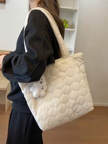 1 件女士加厚绗缝单肩托特包，秋冬新款泡泡包，适合女性日常使用，办公室通勤，学校，大学生，可爱清新，轻便可折叠布包 - 米色 - 查看 7