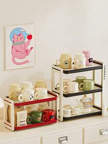 3-poziomowy regał z odpływem, jaskrawo kolorowy, pionowy regał na kubki/zestaw do kawy/słoik na przyprawy/kosmetyki/przybory toaletowe/różne przedmioty na blat kuchenny/stół jadalny/kredens/blat łazienkowy