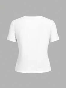 Women's Stylish Lips Graphic Print T-Shirt, Casual Polyester Knit Crew Neck Tee With Slight Stretch For All Seasons, Fashionable Short Sleeve Sporty TopSuitable For Summer Wear, Printed Pattern Short Sleeves, Ladies' Tops, And Printed Short Sleeves. - 白色 - 查看 3