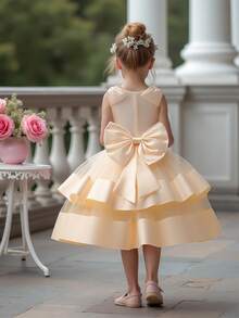 Young Girls' Sleeveless Mesh & Satin Bow Back Elegant Luxurious Party Dress, Suitable For Attending Banquets, Flower Girl Weddings, Does Not Include Headband - 香檳色 - 查看 4