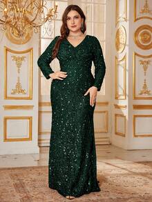 Đầm dạ hội cỡ lớn UNITHORSE dành cho nữ, kiểu dáng thanh lịch, cổ chữ V, tay dài, đính sequin, eo xếp ly, dáng maxi ôm sát, bóng bẩy, thích hợp làm váy cưới, váy dự tiệc sinh nhật, váy tốt nghiệp, trang phục cưới mùa thu xuân dành cho nữ. - Màu xanh lá cây đậm - Xem 5