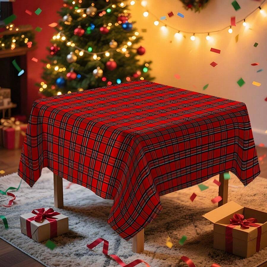1pc Rectangular Tablecloth, Classic Red & Black Plaid Christmas Tablecloth With Minimalist Reindeer Print Design, Suitable For Various Christmas Scenes, Washable And Reusable, Applicable For Daily Home, Restaurant, Living Room Gatherings, Christmas Themed Parties, Indoor/Outdoor Use - Multicolor - View 1
