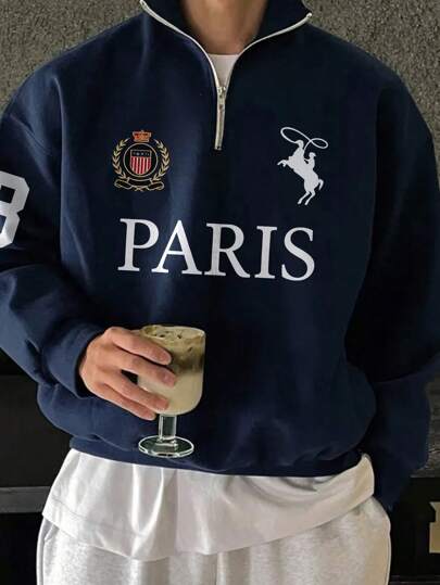 Sudadera con media cremallera y cuello alto con decoración gráfica de letra de París para hombres, estampado numérico minimalista en la manga, suave y cómoda para todas las estaciones, otoño
