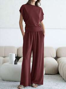 Set de 2 piese pentru femei, la modă, de bază, culoare solidă, confortabil, casual, pentru naveta zilnică