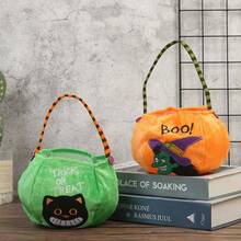 1 szt. Torba na cukierki na Halloween "Cukierek albo psikus", torba w kształcie dyni 3D, torba prezentowa, rekwizyt na Halloween - Wielokolorowe - Zobacz 2