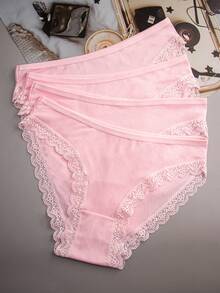 4条装女士粉色字母条纹内裤，蕾丝花边设计，透气面料，高弹力，舒适吸汗 - 粉色 - 查看 3