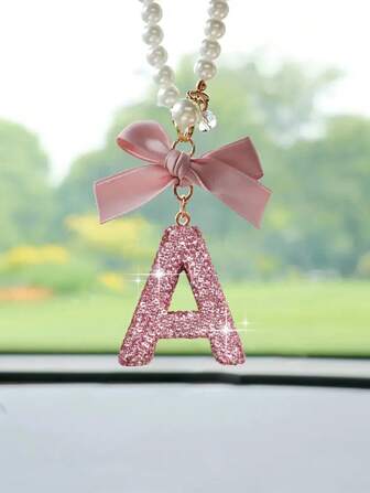 1pc Car Interior Pendant Pink Bow With Diamond Letters Car Rearview Mirror Decoration Car Interior Pendant