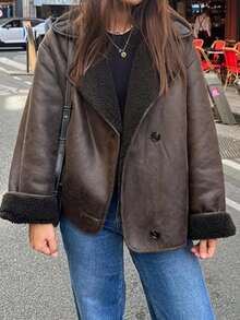 一件女士纯色仿皮毛领宽松外套，适合日常穿着、外出、购物、度假及各种场合，优雅时尚，圣诞节必备单品。 - 咖啡棕 - 查看 5