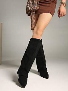 秋冬卡其色阔腿裤女筒靴，2024年夏季新品，尖头直筒高筒靴，西部牛仔靴，及膝靴 - 黑色 - 查看 4