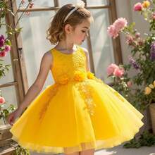 Girls' Lace Patchwork Princess Dress With Handmade 3D Floral Decor, Tulle Skirt, Ballet Dance Recital Costume, Elegant Party Dress, Simple Solid Color Layered Mesh Maxi Dress With Bowknot Back For Kids - Yellow - View 2