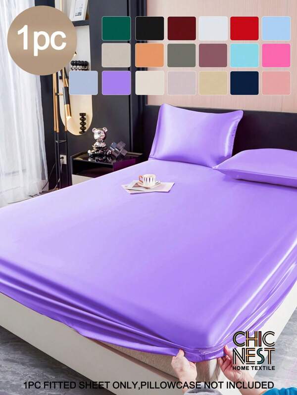 1PC Solid Color Purple Satin Fitted Sheet Simulation Silk Fitted Sheet With 1pc Fitted Sheet  Valentine's Day Mattress Cover For Bed, Bed Sheet Modern Soft Bedding Set For Household King Queen Full Twin Size  Sheet Bedspread Deep Pocket Up To 11.8 Inch Breatheable Wrink-Free Better For Sleep, Machine Washable