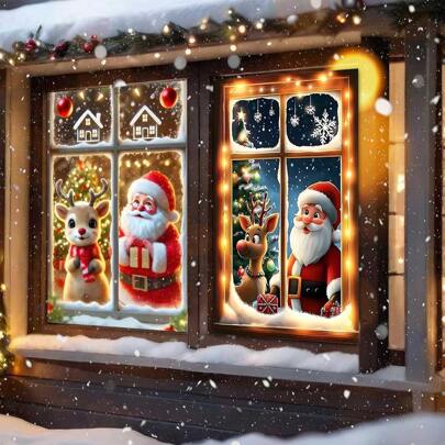 1 طقم ديكور نافذة عيد الميلاد - تصميم سانتا أو رنة 47 * 31 بوصة، ستائر بوليستر مقاومة للماء للاستخدام الداخلي/الخارجي لحفلة عيد الميلاد/عرض المنزل في العطلات