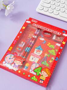 1 Set de suministros de papelería de regalo con diseño de dibujos animados para estudiantes que incluye estuche para lápices, bolsa con cremallera y artículos de papelería en una caja con diseño de regreso a la escuela