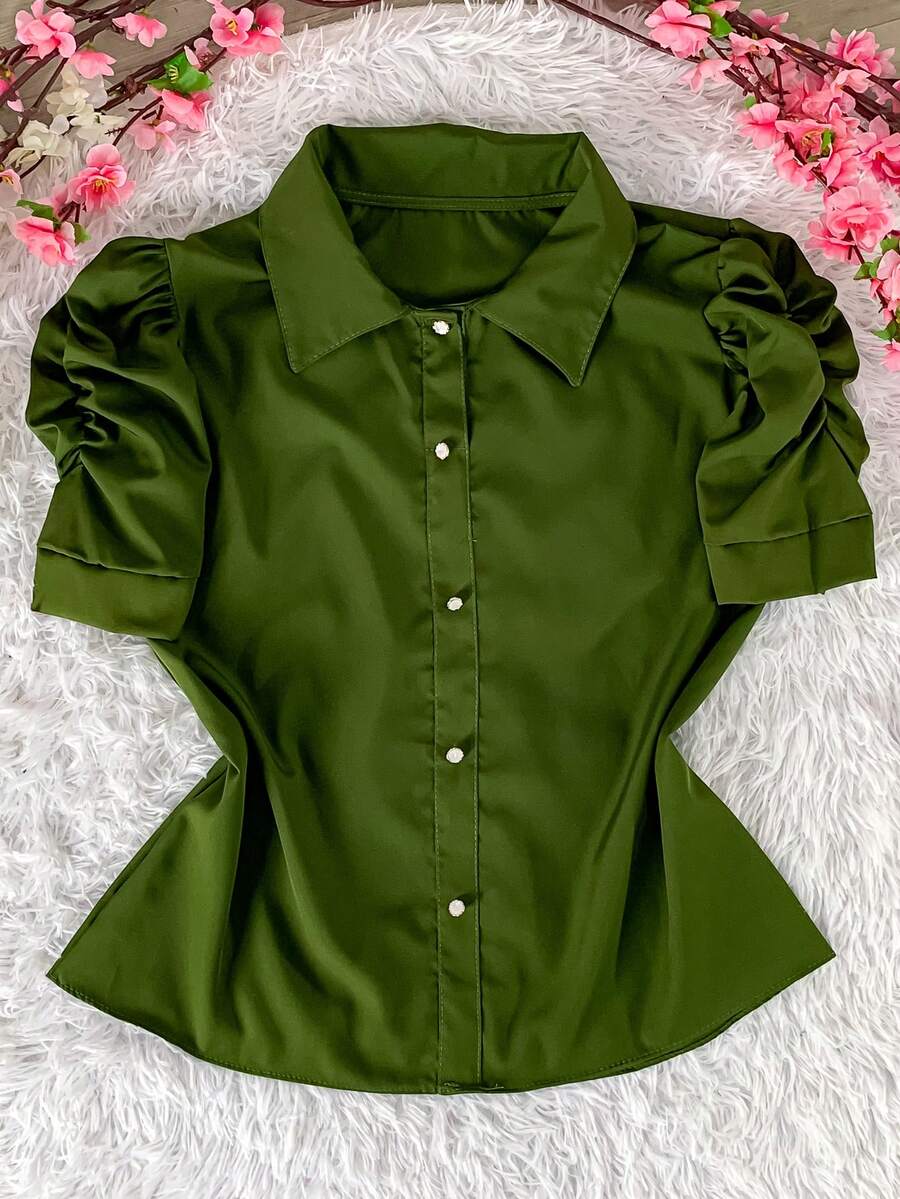 Women's Fashion Collared Blouse With Buttons On The Front, Code 1 - Army Green - View 1