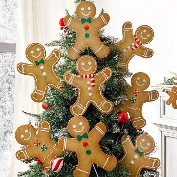 8 Stücke große Lebkuchenmann Weihnachtsbaumanhänger, rustikale Kunststoff Lebkuchen Dekorationen, geeignet für Feiertags-Dekoration Zuhause, Schule, Büro Vasen, ohne Strom, Feder Dekor Feiertags-Ornamente