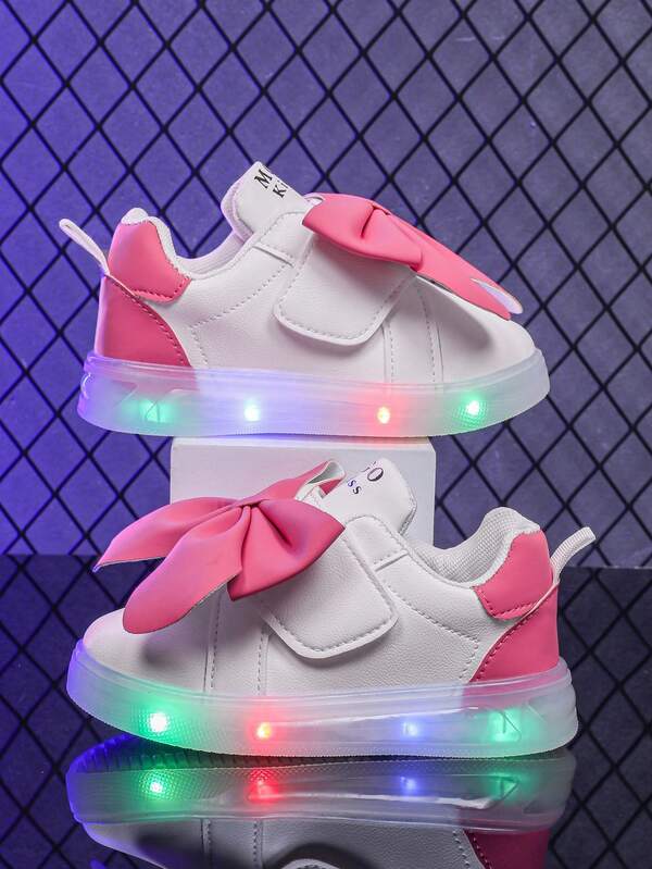Fashion Big Bow LED Luminous Breathable Leather Sports Shoes, Suitable For Boys And Girls - Casual, Shock-Absorbing, All-Season Non-Slip Outdoor Running And Walking Shoes