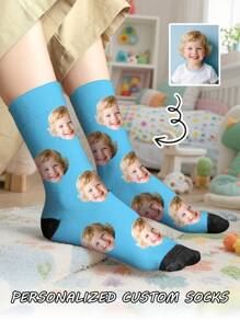 1 Pair Of Customized Face Children's Mid Tube Socks, Put Any Face On Socks,Boy And Girl, Personalized Socks For With Photos, Interesting Customized Picture Pairs With Medium To Long Socks
