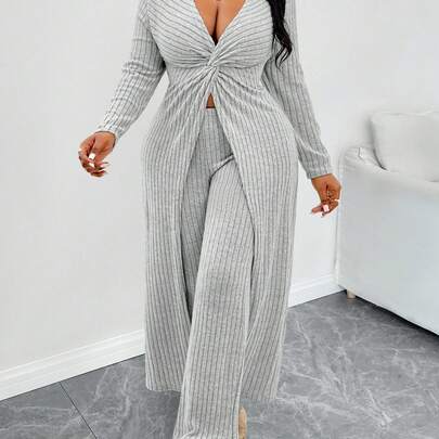가을 겨울 니트 투피스 세트, 캐주얼 섹시 그레이 수트, 우아한 홈 오피스 의류, 플러스플러스 사이즈 수트