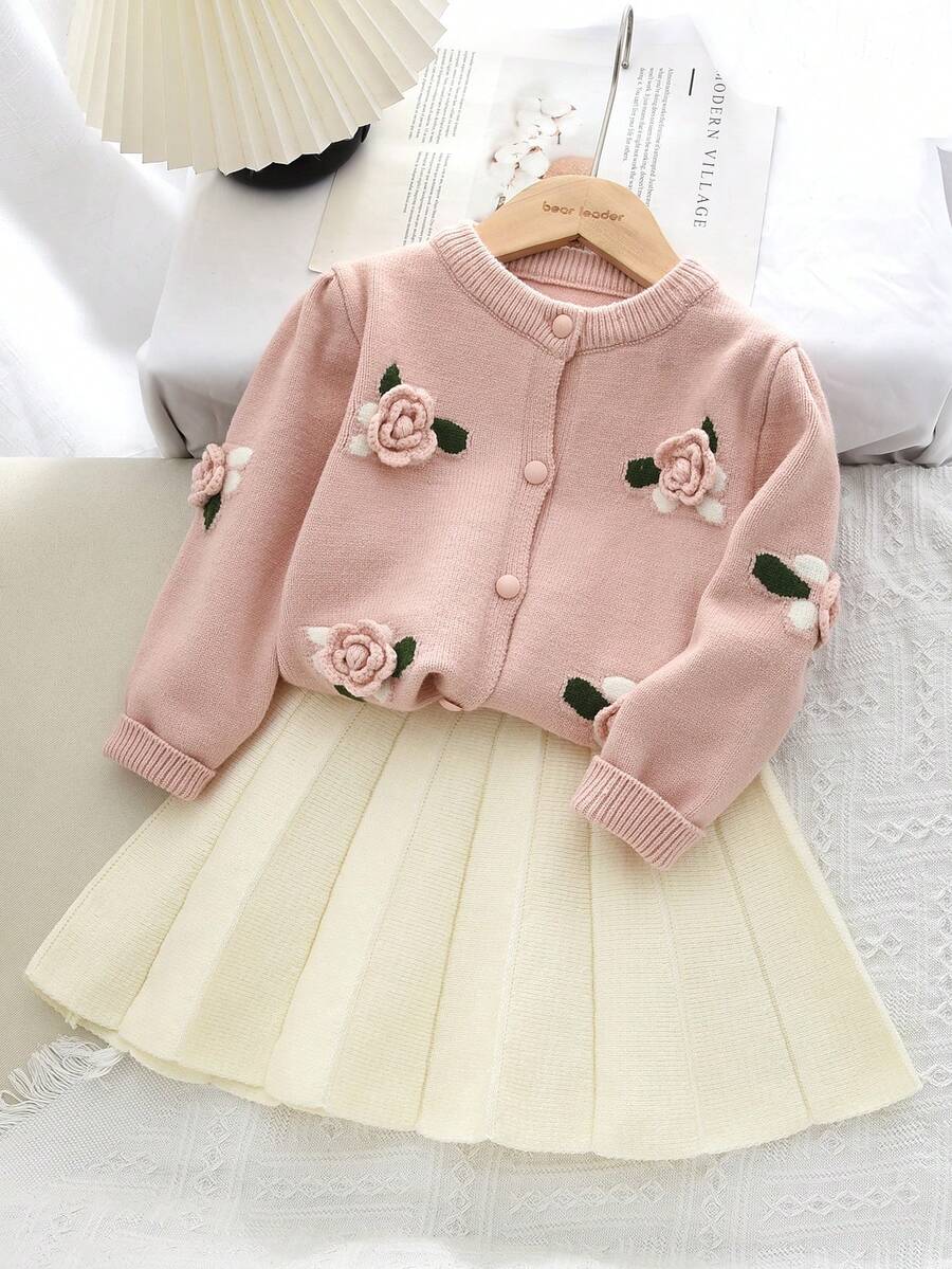 2pcs/Set Young Girl Cute Long Sleeve Fruit Print Top And Pleated Skirt Set, Autumn/Winter