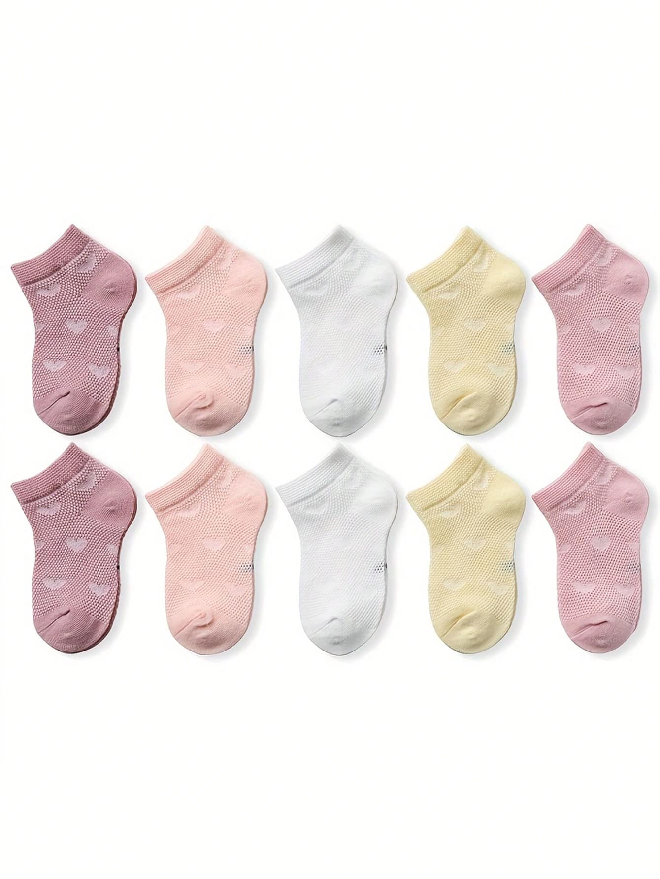 10 pares de calcetines para niñas, calcetines de tobillo con malla con diseño de corazón, estilo minimalista de moda, cómodos y versátiles, adecuados para uso diario, vacaciones y vuelta al colegio