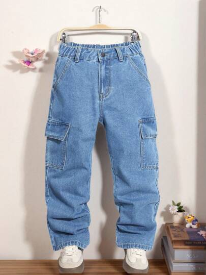 Girls' Loose Multi-Pocket Denim Jeans