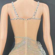 Glamorous Sparkling Diamond Birthday Party Dress Stage Performance Costume Elegant Plus Size Slim Fit Sexy Club Evening Outfit - 杏色網狀銀色 - 查看 7