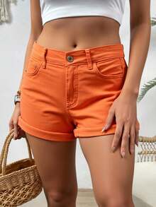 女式中腰牛仔面料卷边短裤休闲裤夏季必备纽扣开合