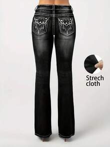 Women's Large-Size High-Waisted Stretch Denim Jeans With Faded Water-Washed Blue Feathers And Embroidered Netting On The Back Pocket, Featuring A Retro Bell-Shaped Design. Comfortable And Elegant, Suitable For All Occasions. Large-Size Women's Denim Pants. - 黑色 - 查看 5