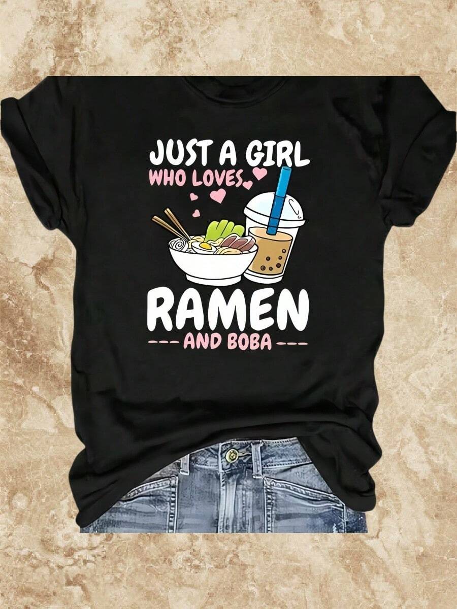 3 Women's Plus Size Just Love Lamian Noodles And Pearl Milk Tea Pattern Short Sleeve T-Shirt - Summer Casual Top - màu đen - Xem 1