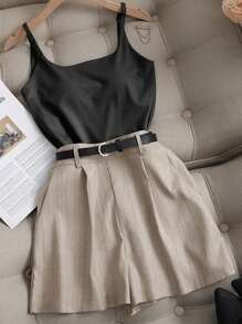 休闲条纹宽松阔腿短裤，宽松条纹卡其色百慕大阔腿裤，女士秋装，返校服，女士商务通勤