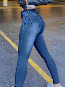 Womens Classic High Waisted Skinny Stretch Curvy Butt Lifting Jeans Slim Fit Denim Pants - 中等水洗藍 - 查看 3