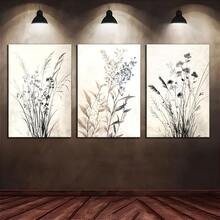 Set Of 3 Art Deco Modern Classic Canvas Wall Art Prints, Botanical Floral Landscape Theme, Ink Artwork, With Pine Wood Frame/Without Frame, For Home Office, Living Room, Bedroom, Kitchen, Spring & Winter Seasons, Indoor & Outdoor, Restaurants & Bars